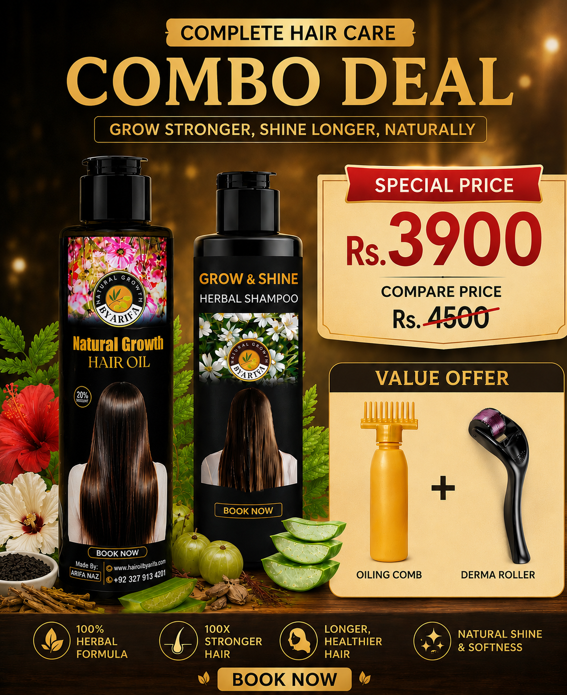 Natural Growth Complete Hair & Skin Care Collection (Combo with Comb & Derma Roller) – By Arifa